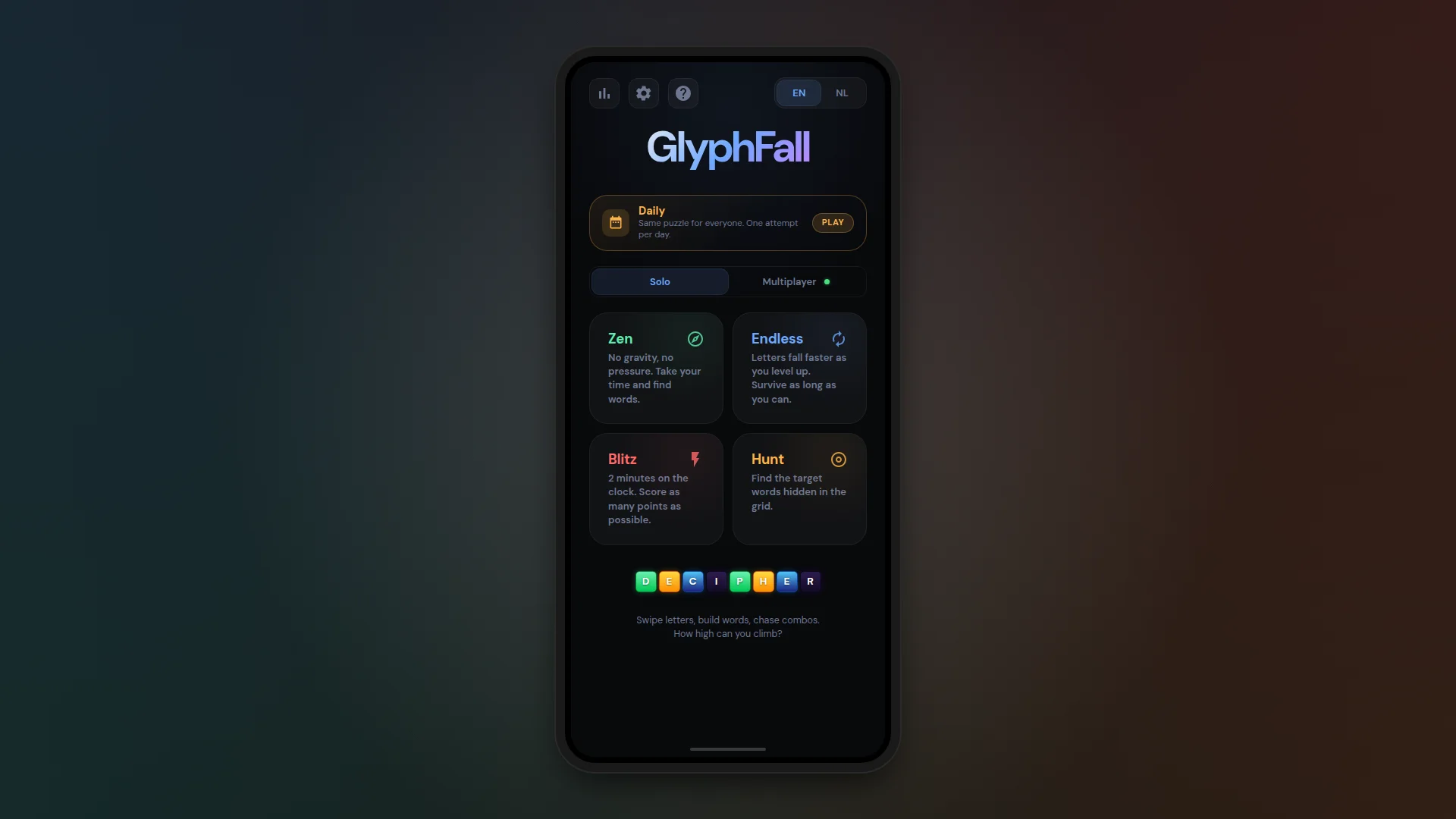 GlyphFall Game, Blitz mode with falling letter tiles