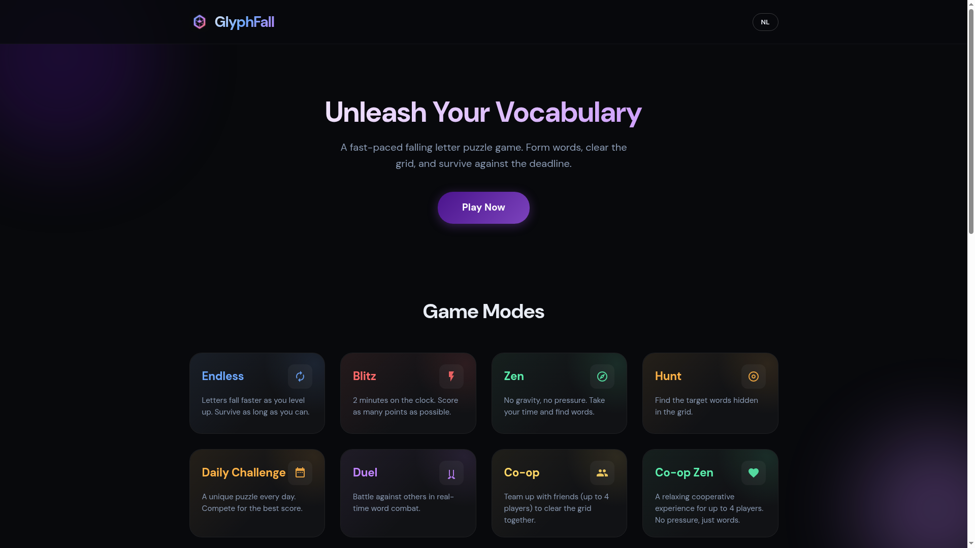 GlyphFall Officiele Site, overzicht van spelmodi en features