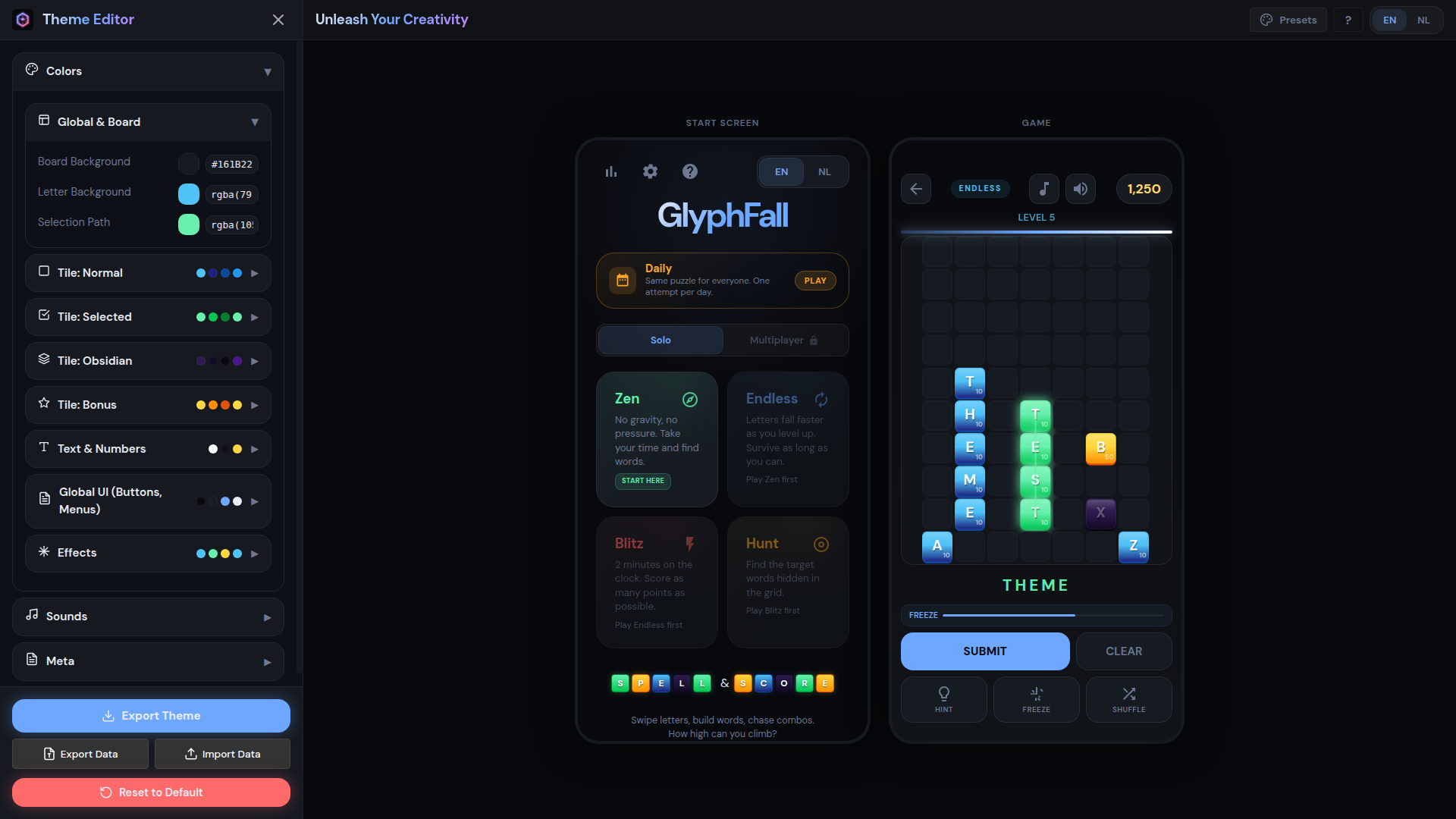 GlyphFall Thema Editor, visuele editor met live preview