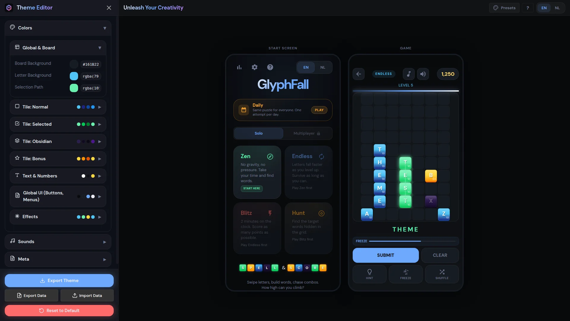 GlyphFall Thema Editor, kleurinstellingen links en een live preview rechts